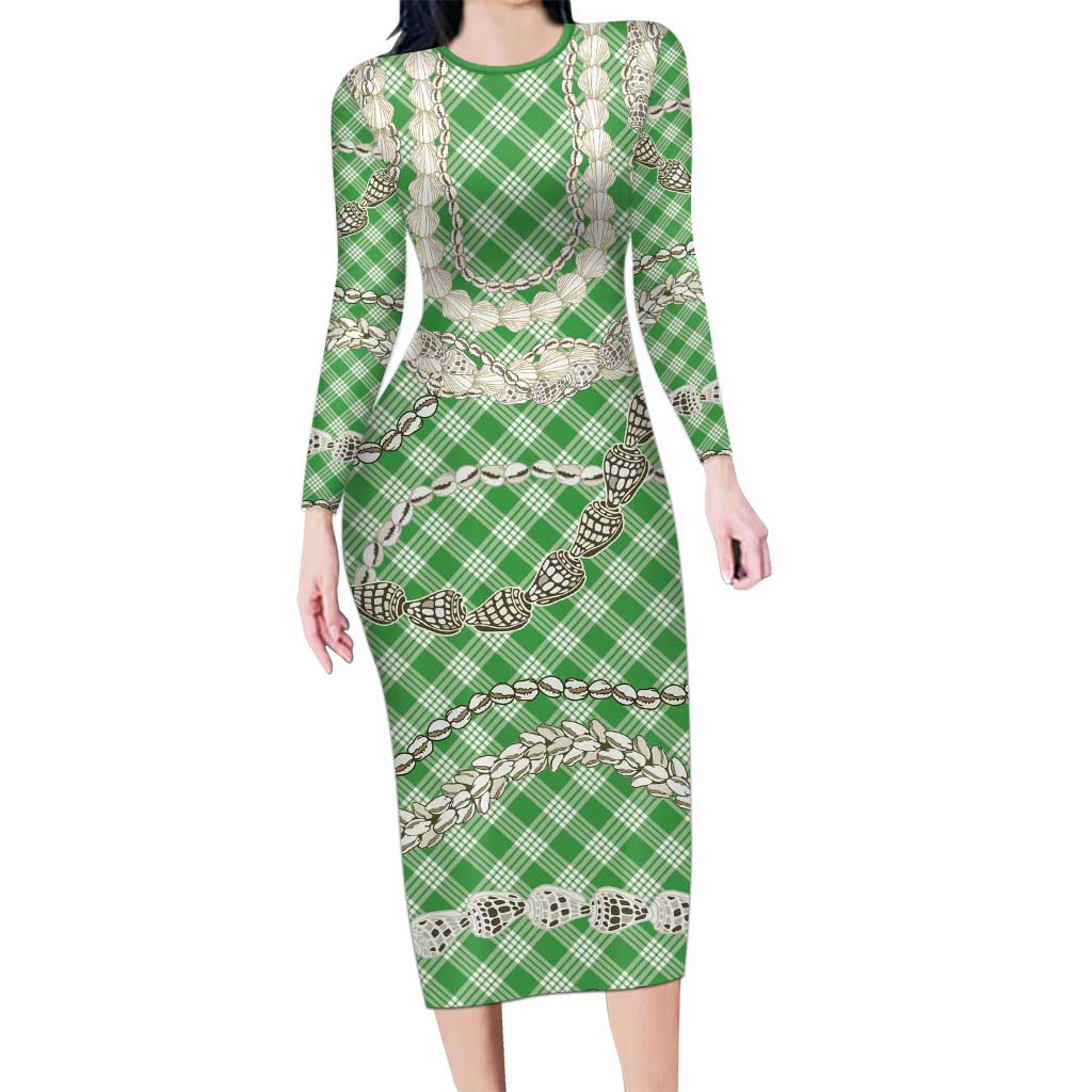 Green Aloha Hawaii Shell Lei Long Sleeve Bodycon Dress Palaka Hebrew Cone Honey Cowrie Elegant Curves LT14 Long Dress Green - Polynesian Pride