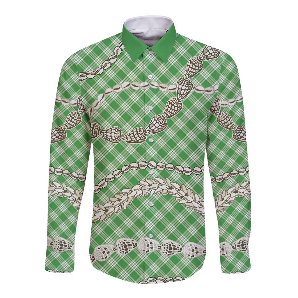 Green Aloha Hawaii Shell Lei Long Sleeve Button Shirt Palaka Hebrew Cone Honey Cowrie Elegant Curves LT14 Unisex Green - Polynesian Pride