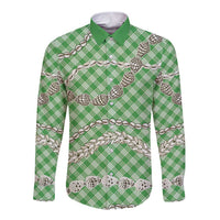 Green Aloha Hawaii Shell Lei Long Sleeve Button Shirt Palaka Hebrew Cone Honey Cowrie Elegant Curves LT14 Unisex Green - Polynesian Pride