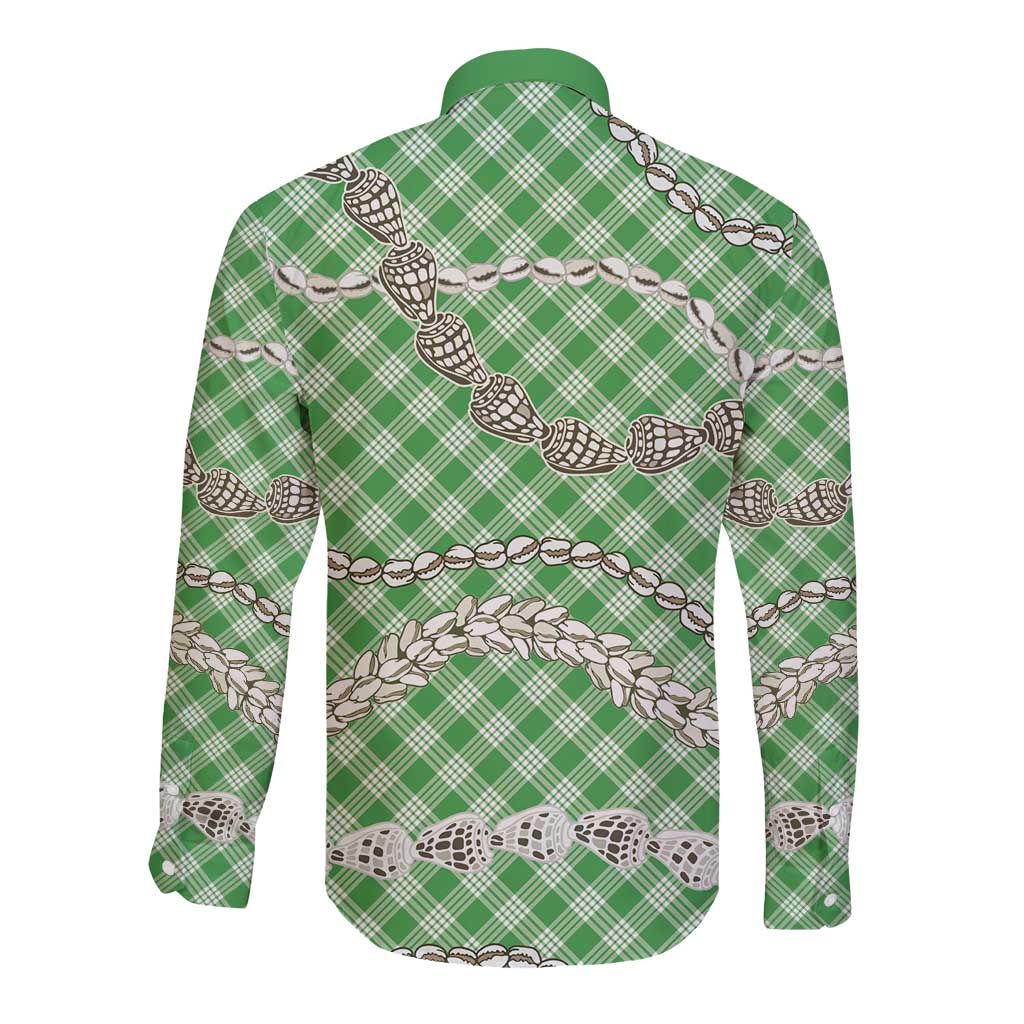 Green Aloha Hawaii Shell Lei Long Sleeve Button Shirt Palaka Hebrew Cone Honey Cowrie Elegant Curves LT14 - Polynesian Pride
