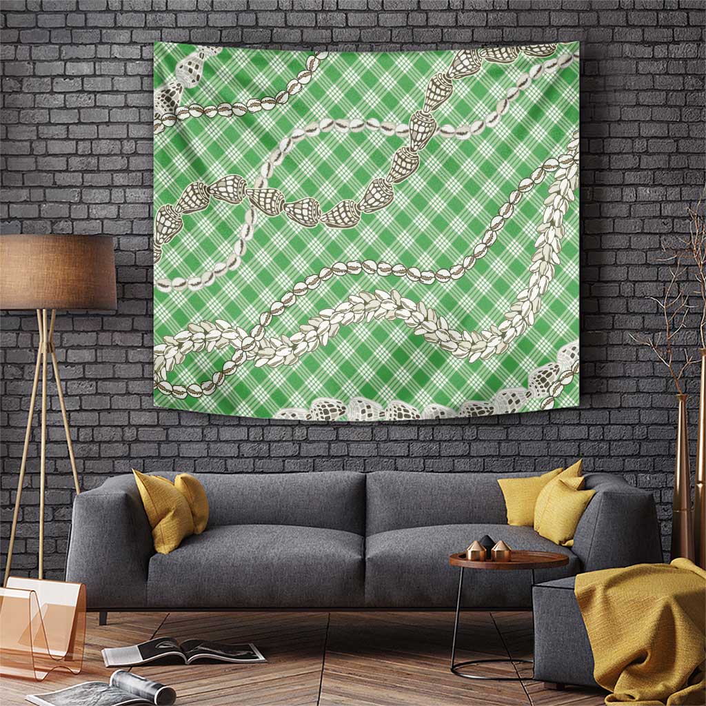 Green Aloha Hawaii Shell Lei Tapestry Palaka Hebrew Cone Honey Cowrie Elegant Curves LT14 Green - Polynesian Pride