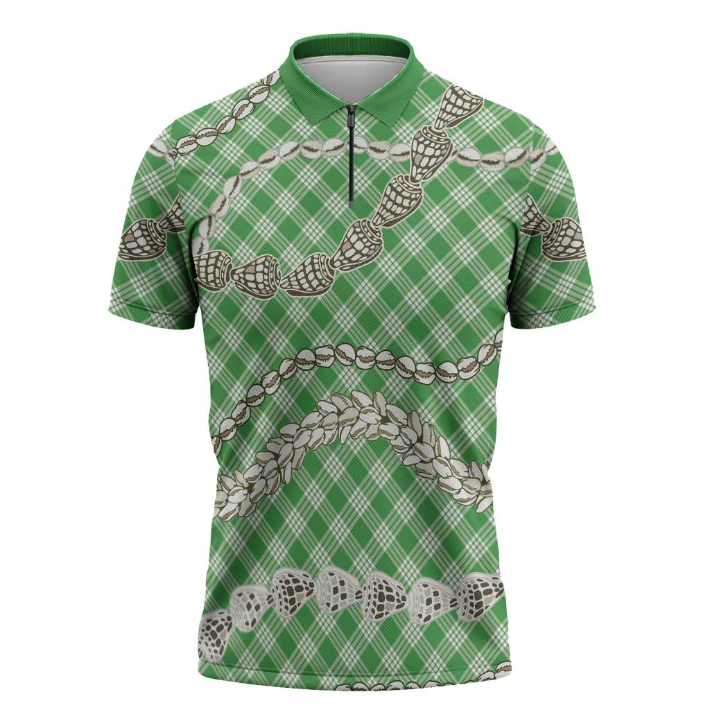 Green Aloha Hawaii Shell Lei Zipper Polo Shirt Palaka Hebrew Cone Honey Cowrie Elegant Curves LT14 Green - Polynesian Pride