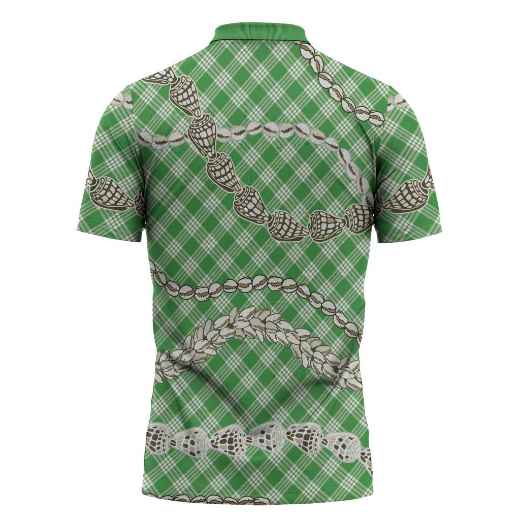 Green Aloha Hawaii Shell Lei Zipper Polo Shirt Palaka Hebrew Cone Honey Cowrie Elegant Curves LT14 - Polynesian Pride