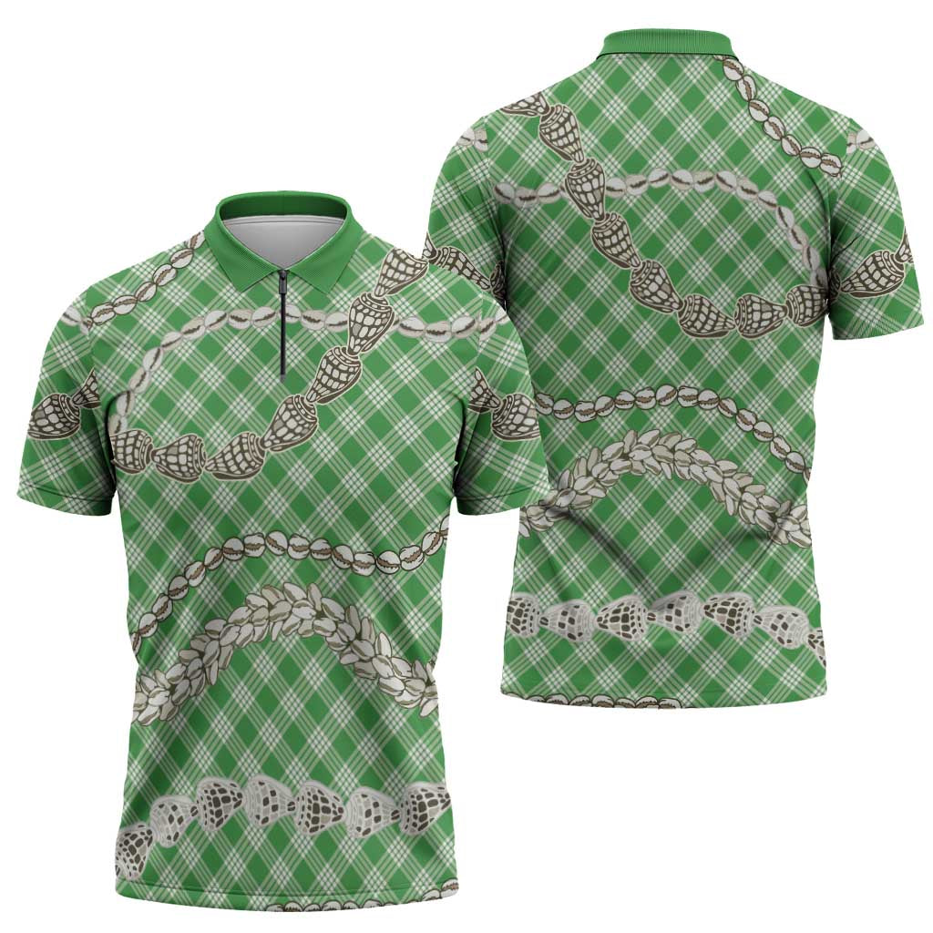 Green Aloha Hawaii Shell Lei Zipper Polo Shirt Palaka Hebrew Cone Honey Cowrie Elegant Curves LT14 - Polynesian Pride