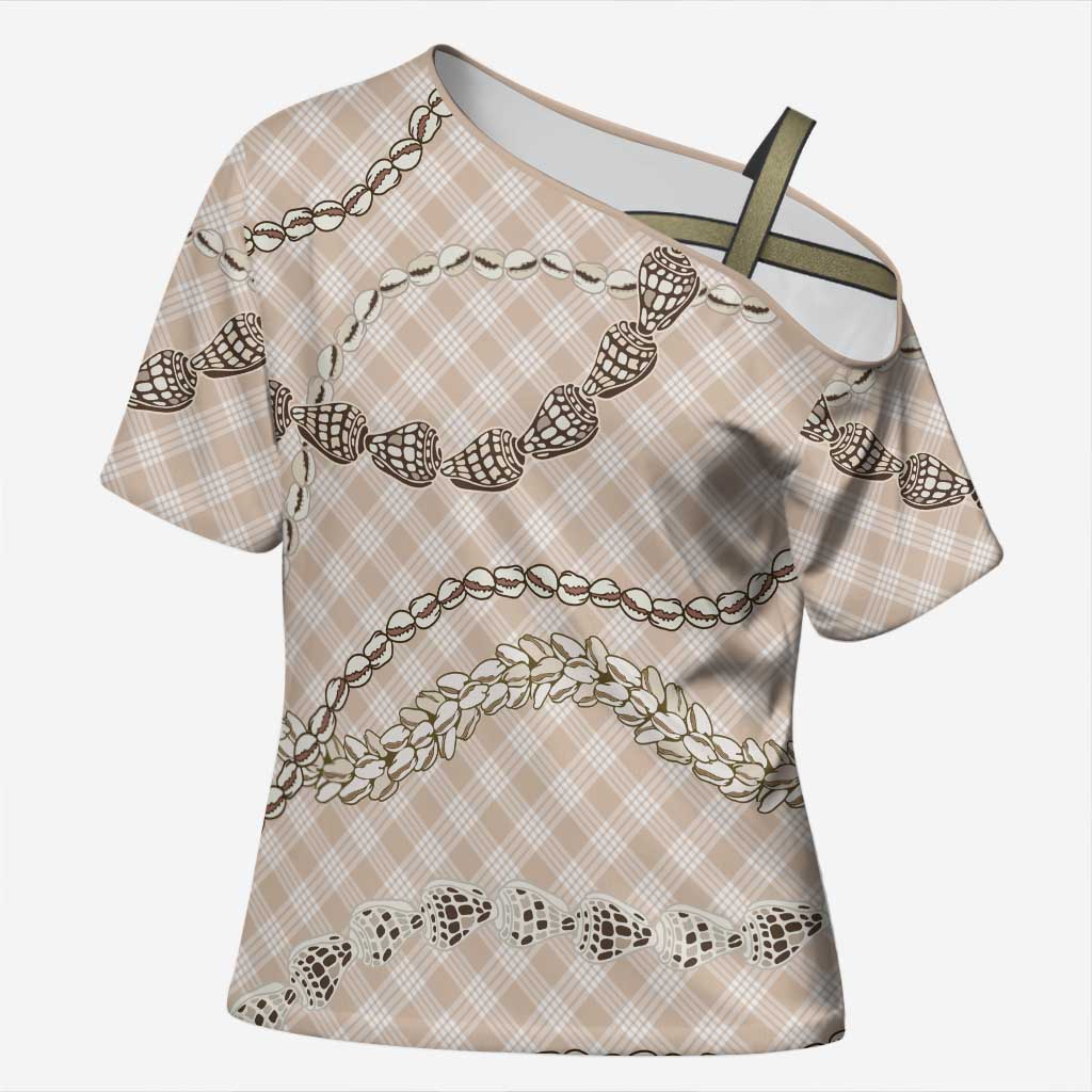 Beige Aloha Hawaii Shell Lei Cross Shoulder Shirt Palaka Hebrew Cone Honey Cowrie Elegant Curves LT14 Female Beige - Polynesian Pride