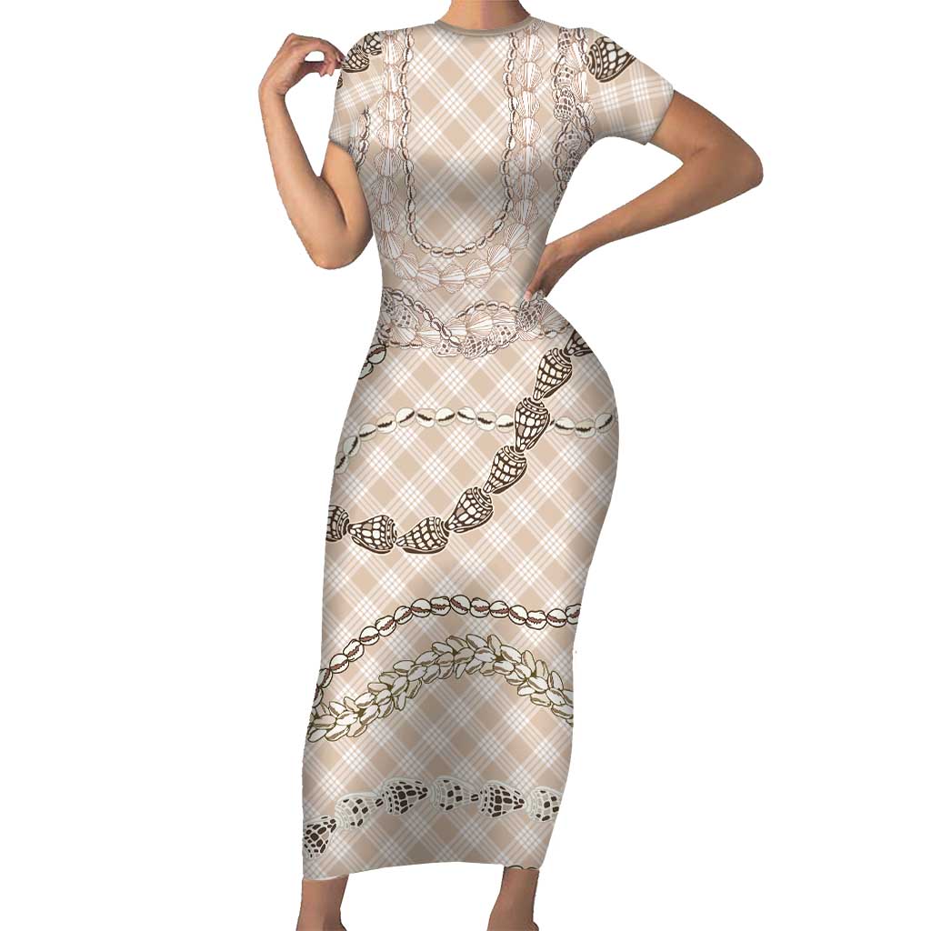 Beige Aloha Hawaii Shell Lei Short Sleeve Bodycon Dress Palaka Hebrew Cone Honey Cowrie Elegant Curves LT14 Long Dress Beige - Polynesian Pride