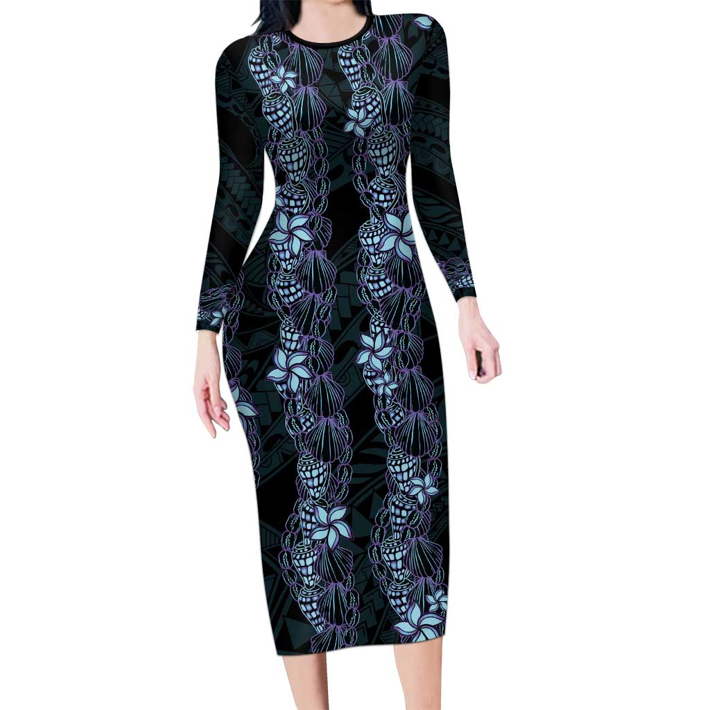 Purple Paradise Hawaii Shell Lei Long Sleeve Bodycon Dress Hawaiian Sunrise Shell Hebrew Cone Plumeria LT14 Long Dress Purple - Polynesian Pride