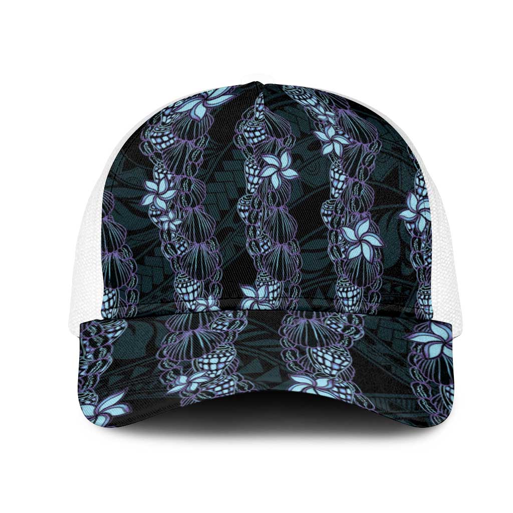 Purple Paradise Hawaii Shell Lei Mesh Trucker Cap Hawaiian Sunrise Shell Hebrew Cone Plumeria LT14 One Size White Purple - Polynesian Pride
