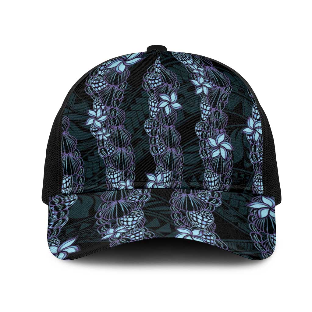 Purple Paradise Hawaii Shell Lei Mesh Trucker Cap Hawaiian Sunrise Shell Hebrew Cone Plumeria LT14 One Size Black Purple - Polynesian Pride