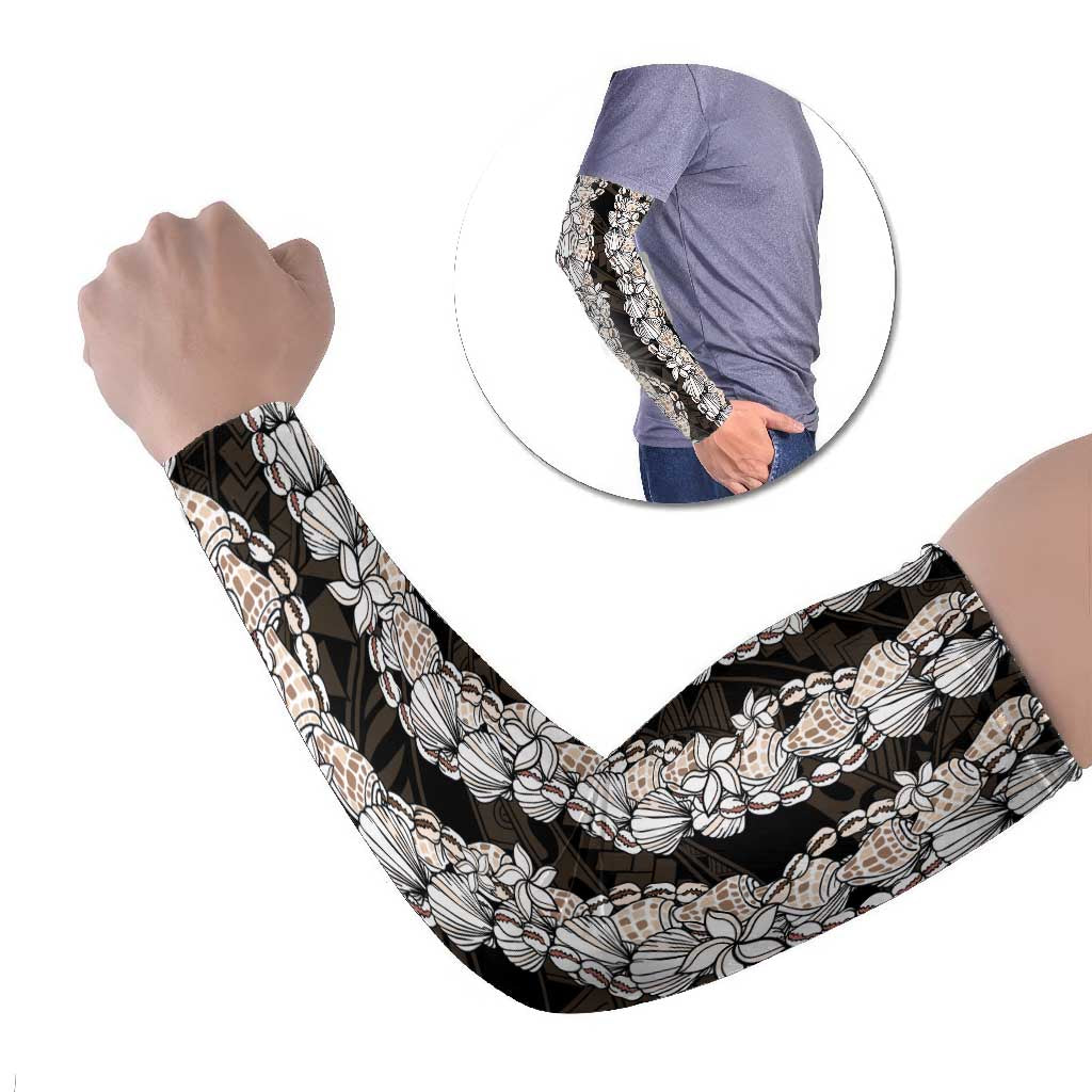 Black and Beige Hawaii Shell Lei Arm Sleeves Hawaiian Sunrise Shell Hebrew Cone Plumeria LT14 Set of 2 Black - Polynesian Pride