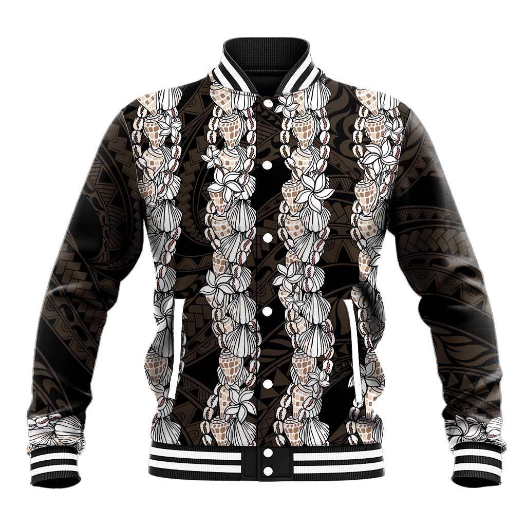 Black and Beige Hawaii Shell Lei Baseball Jacket Hawaiian Sunrise Shell Hebrew Cone Plumeria LT14 Unisex Black - Polynesian Pride