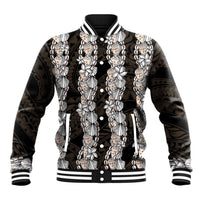 Black and Beige Hawaii Shell Lei Baseball Jacket Hawaiian Sunrise Shell Hebrew Cone Plumeria LT14 Unisex Black - Polynesian Pride