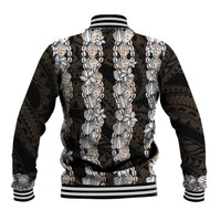 Black and Beige Hawaii Shell Lei Baseball Jacket Hawaiian Sunrise Shell Hebrew Cone Plumeria LT14 - Polynesian Pride