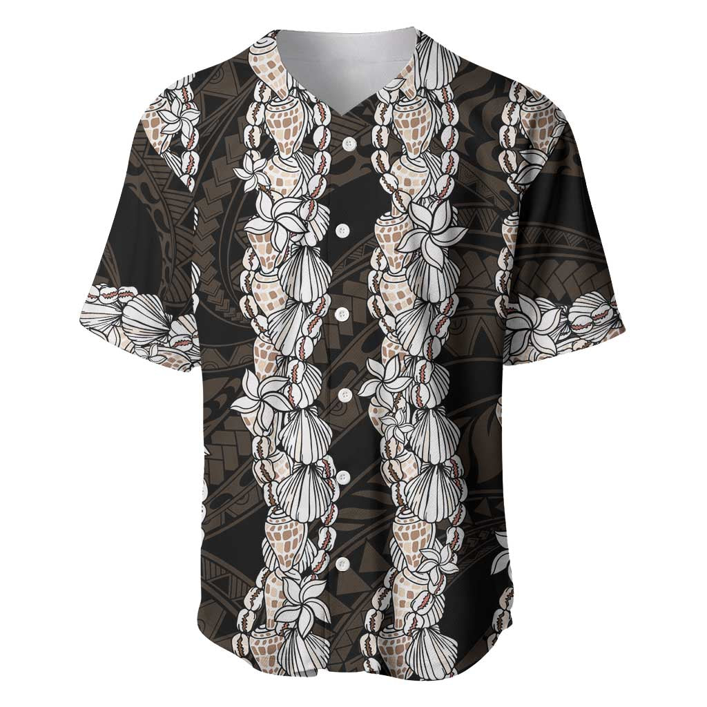 Black and Beige Hawaii Shell Lei Baseball Jersey Hawaiian Sunrise Shell Hebrew Cone Plumeria LT14 Black - Polynesian Pride