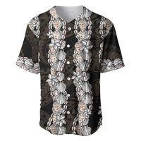Black and Beige Hawaii Shell Lei Baseball Jersey Hawaiian Sunrise Shell Hebrew Cone Plumeria LT14 Black - Polynesian Pride