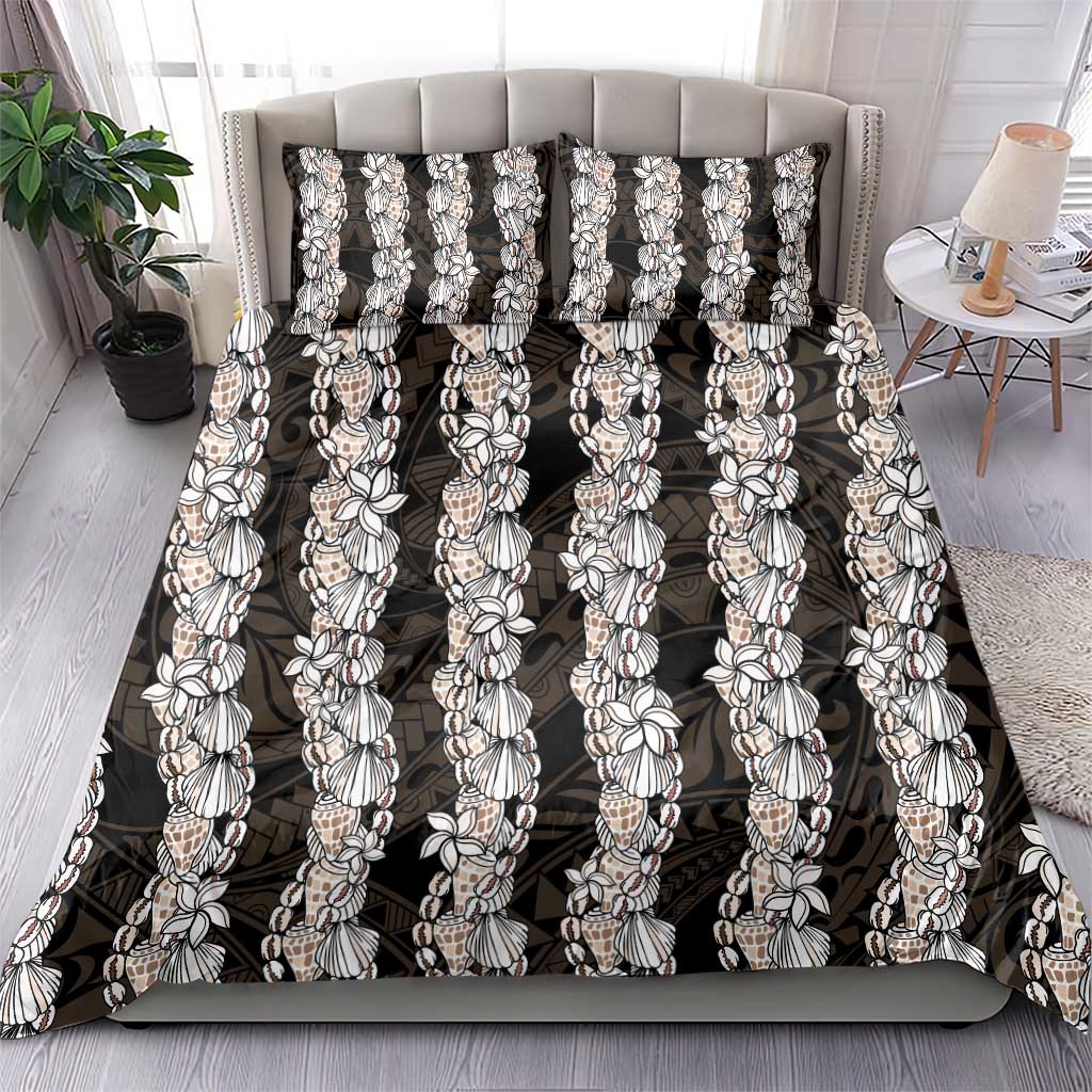 Black and Beige Hawaii Shell Lei Bedding Set Hawaiian Sunrise Shell Hebrew Cone Plumeria LT14 - Polynesian Pride
