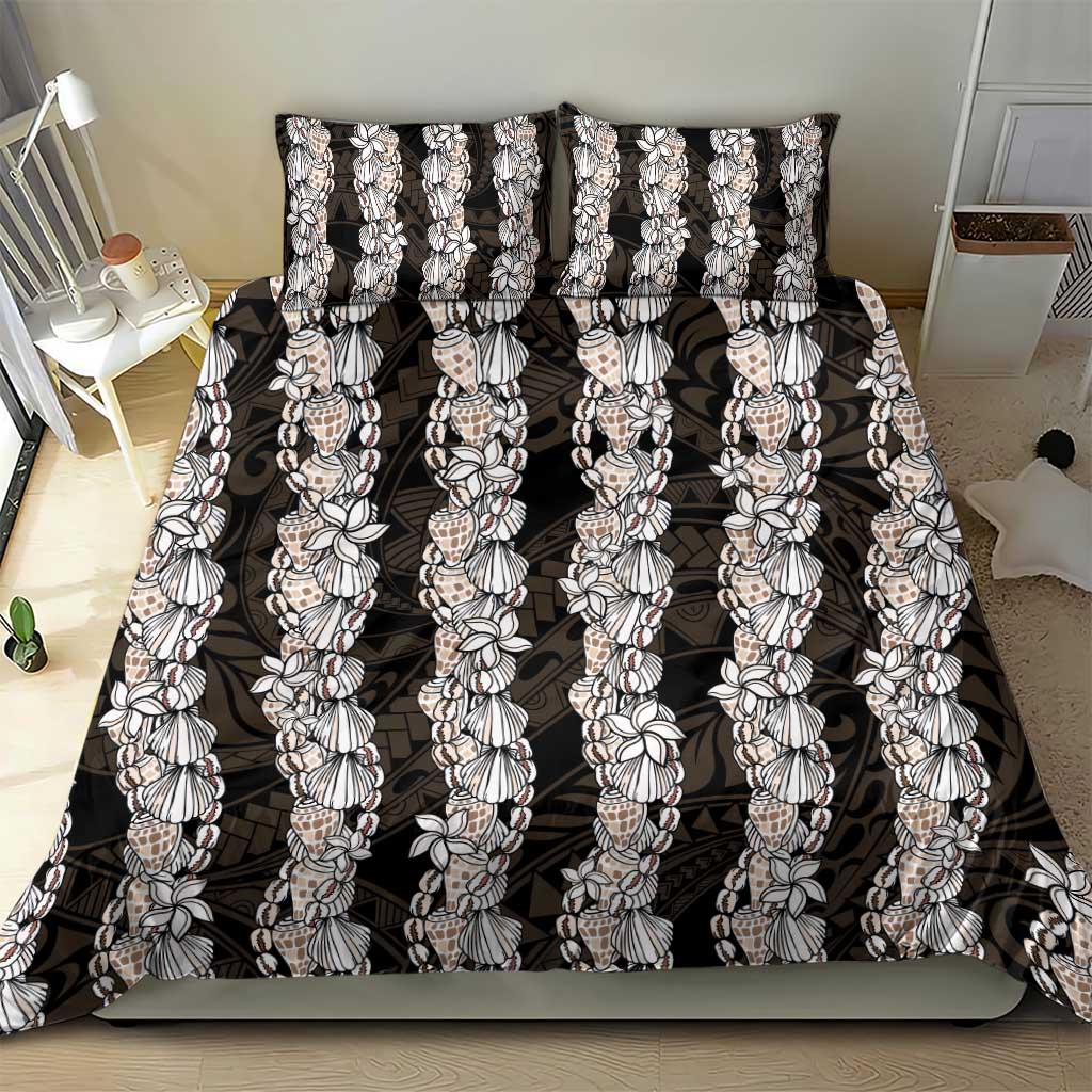 Black and Beige Hawaii Shell Lei Bedding Set Hawaiian Sunrise Shell Hebrew Cone Plumeria LT14 - Polynesian Pride