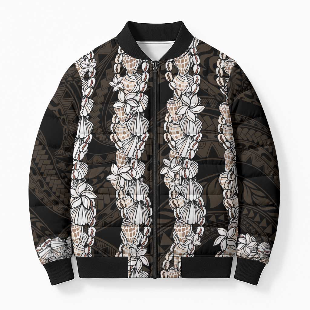 Black and Beige Hawaii Shell Lei Bomber Puffer Jacket Hawaiian Sunrise Shell Hebrew Cone Plumeria LT14 Unisex Black - Polynesian Pride