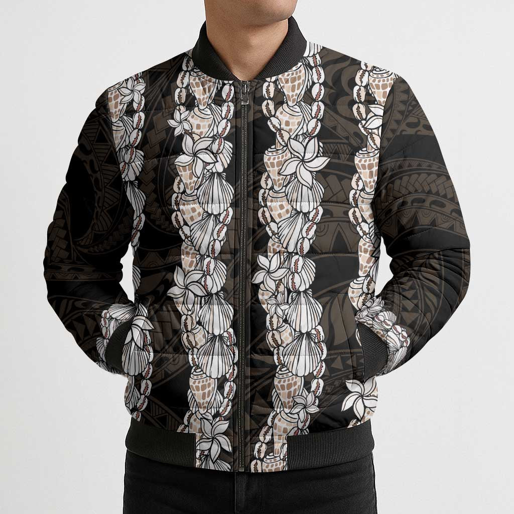 Black and Beige Hawaii Shell Lei Bomber Puffer Jacket Hawaiian Sunrise Shell Hebrew Cone Plumeria LT14 - Polynesian Pride