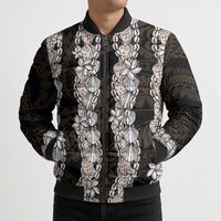 Black and Beige Hawaii Shell Lei Bomber Puffer Jacket Hawaiian Sunrise Shell Hebrew Cone Plumeria LT14 - Polynesian Pride