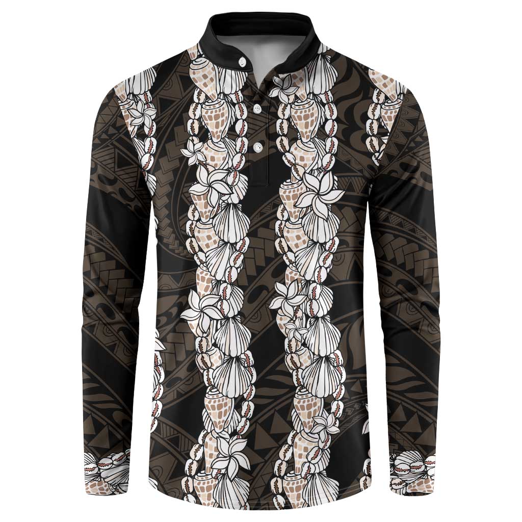 Black and Beige Hawaii Shell Lei Button Sweatshirt Hawaiian Sunrise Shell Hebrew Cone Plumeria LT14 Black - Polynesian Pride