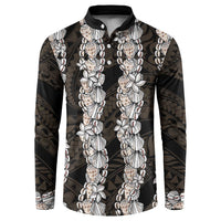 Black and Beige Hawaii Shell Lei Button Sweatshirt Hawaiian Sunrise Shell Hebrew Cone Plumeria LT14 Black - Polynesian Pride