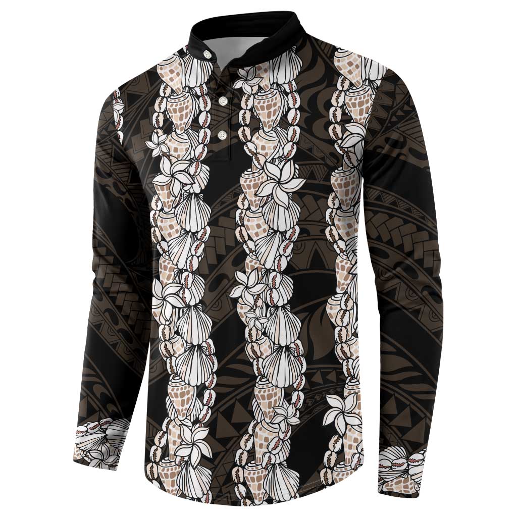 Black and Beige Hawaii Shell Lei Button Sweatshirt Hawaiian Sunrise Shell Hebrew Cone Plumeria LT14 - Polynesian Pride