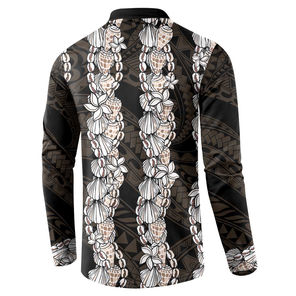 Black and Beige Hawaii Shell Lei Button Sweatshirt Hawaiian Sunrise Shell Hebrew Cone Plumeria LT14 - Polynesian Pride