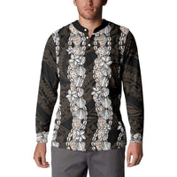 Black and Beige Hawaii Shell Lei Button Sweatshirt Hawaiian Sunrise Shell Hebrew Cone Plumeria LT14 - Polynesian Pride