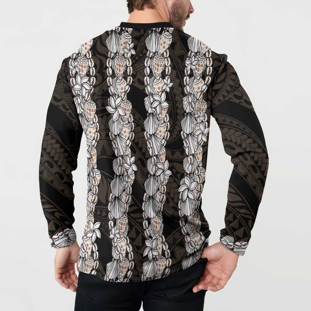 Black and Beige Hawaii Shell Lei Button Sweatshirt Hawaiian Sunrise Shell Hebrew Cone Plumeria LT14 - Polynesian Pride