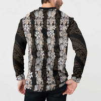Black and Beige Hawaii Shell Lei Button Sweatshirt Hawaiian Sunrise Shell Hebrew Cone Plumeria LT14 - Polynesian Pride