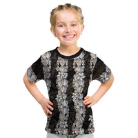 Black and Beige Hawaii Shell Lei Kid T Shirt Hawaiian Sunrise Shell Hebrew Cone Plumeria LT14 Black - Polynesian Pride