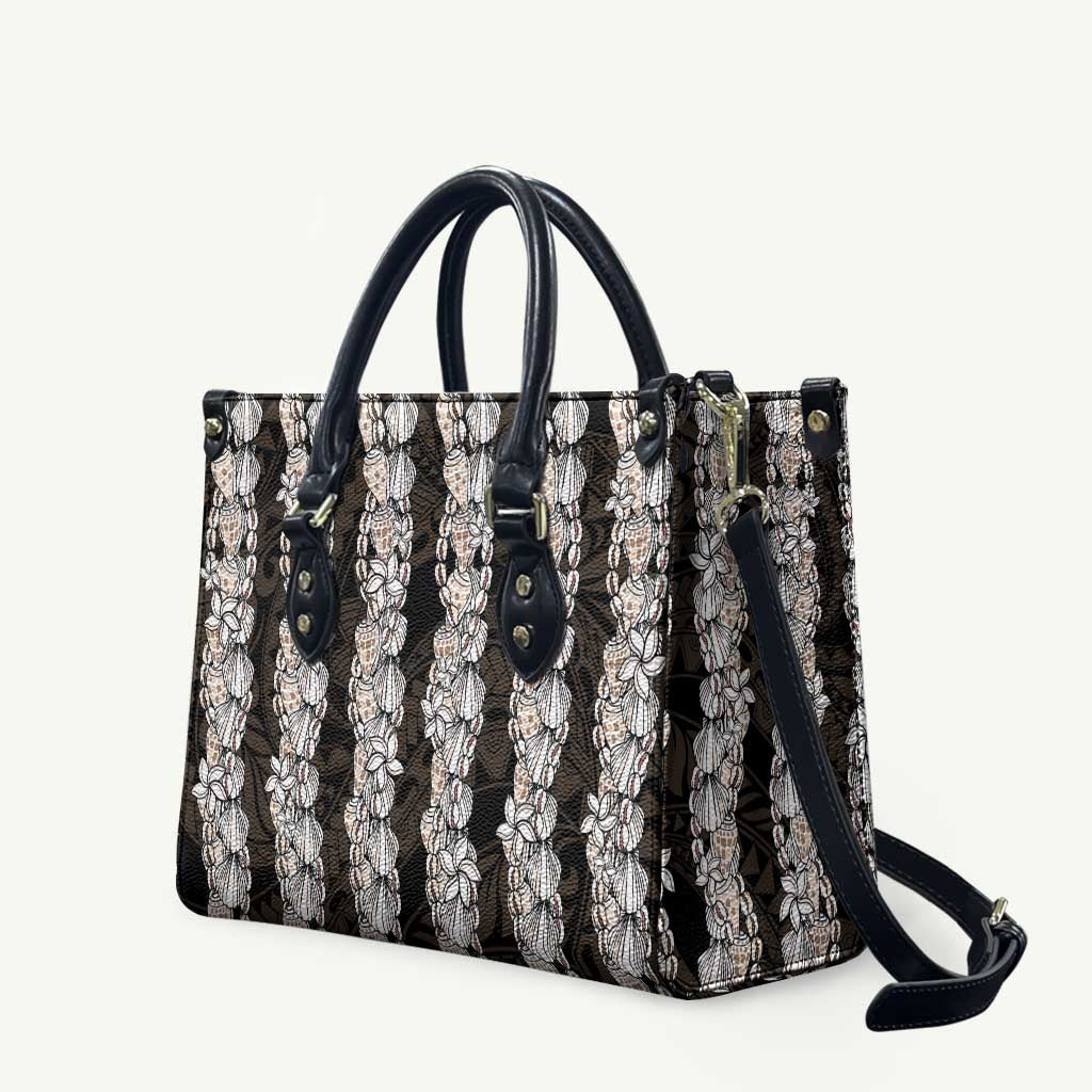 Black and Beige Hawaii Shell Lei Leather Bag Hawaiian Sunrise Shell Hebrew Cone Plumeria LT14 Black - Polynesian Pride