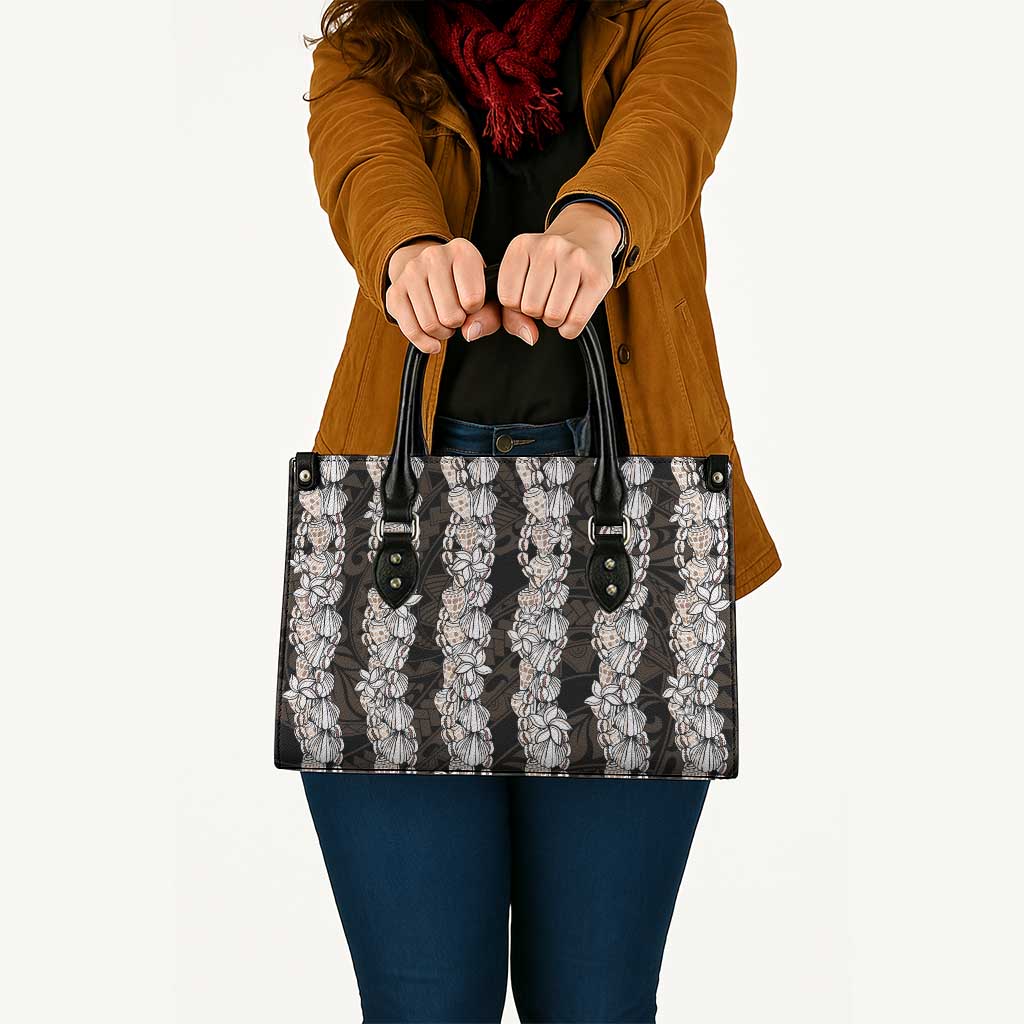 Black and Beige Hawaii Shell Lei Leather Bag Hawaiian Sunrise Shell Hebrew Cone Plumeria LT14 - Polynesian Pride