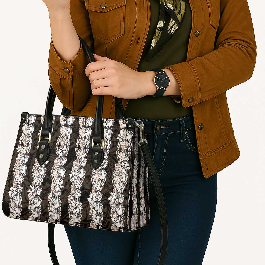 Black and Beige Hawaii Shell Lei Leather Bag Hawaiian Sunrise Shell Hebrew Cone Plumeria LT14 - Polynesian Pride