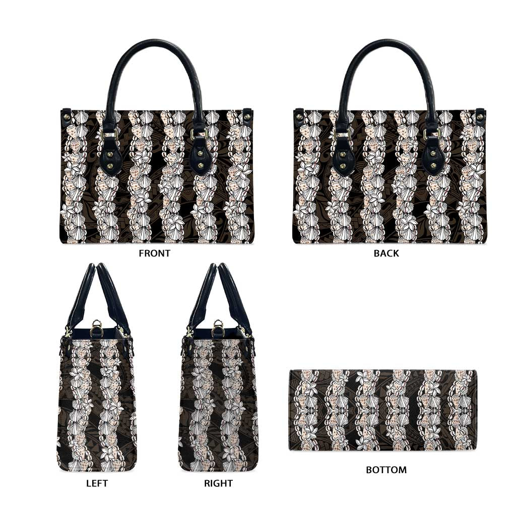 Black and Beige Hawaii Shell Lei Leather Bag Hawaiian Sunrise Shell Hebrew Cone Plumeria LT14 - Polynesian Pride