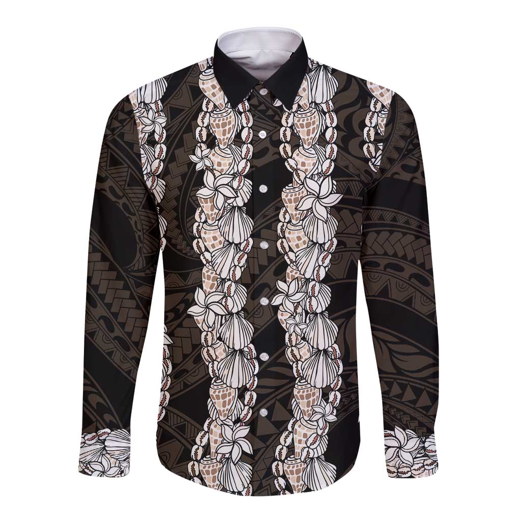Black and Beige Hawaii Shell Lei Long Sleeve Button Shirt Hawaiian Sunrise Shell Hebrew Cone Plumeria LT14 Unisex Black - Polynesian Pride