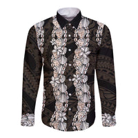 Black and Beige Hawaii Shell Lei Long Sleeve Button Shirt Hawaiian Sunrise Shell Hebrew Cone Plumeria LT14 Unisex Black - Polynesian Pride