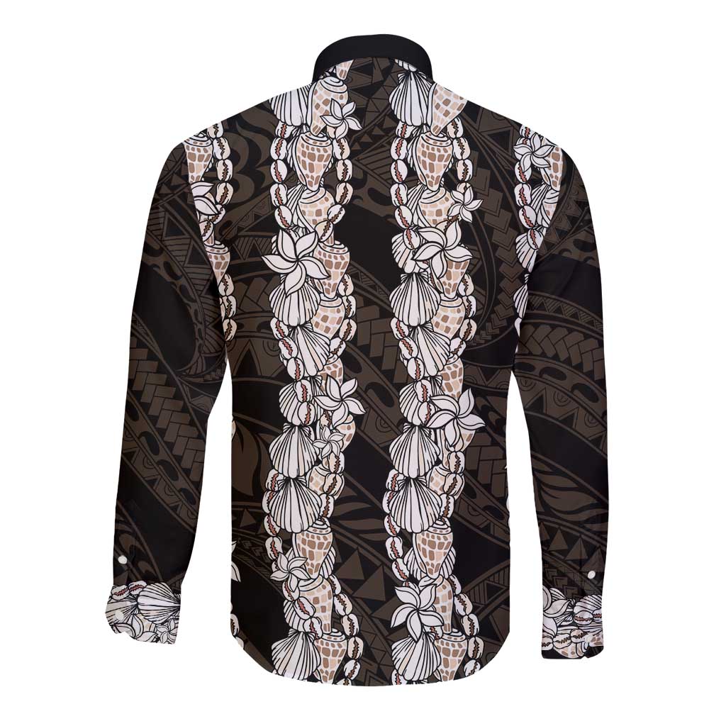 Black and Beige Hawaii Shell Lei Long Sleeve Button Shirt Hawaiian Sunrise Shell Hebrew Cone Plumeria LT14 - Polynesian Pride