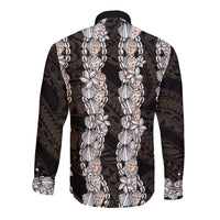Black and Beige Hawaii Shell Lei Long Sleeve Button Shirt Hawaiian Sunrise Shell Hebrew Cone Plumeria LT14 - Polynesian Pride