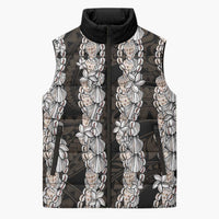 Black and Beige Hawaii Shell Lei Sleeveless Puffer Jacket Hawaiian Sunrise Shell Hebrew Cone Plumeria LT14 Unisex Black - Polynesian Pride