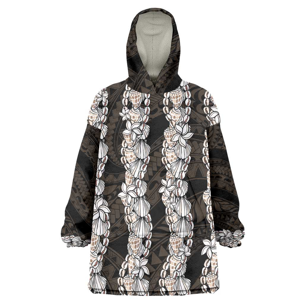 Black and Beige Hawaii Shell Lei Wearable Blanket Hoodie Hawaiian Sunrise Shell Hebrew Cone Plumeria LT14 One Size Black - Polynesian Pride