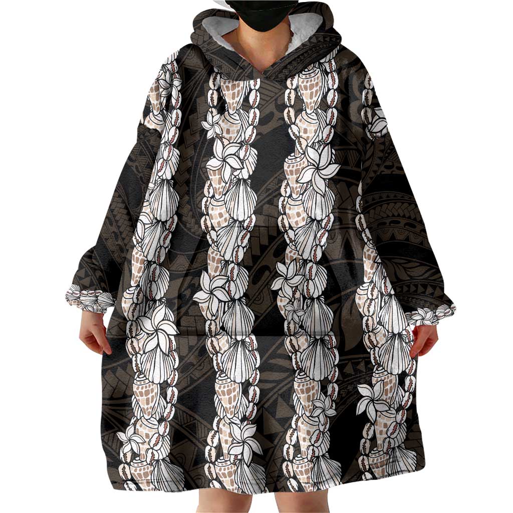 Black and Beige Hawaii Shell Lei Wearable Blanket Hoodie Hawaiian Sunrise Shell Hebrew Cone Plumeria LT14 - Polynesian Pride