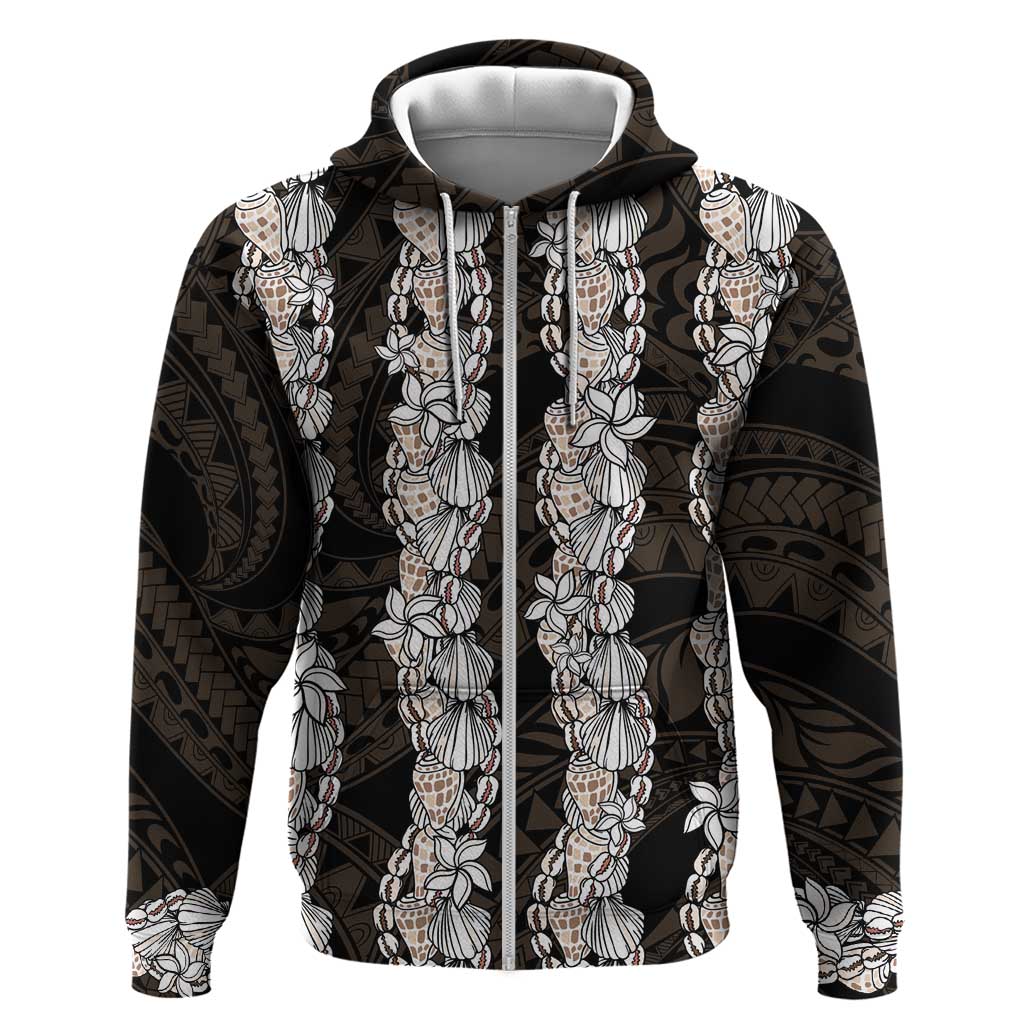 Black and Beige Hawaii Shell Lei Zip Hoodie Hawaiian Sunrise Shell Hebrew Cone Plumeria LT14 Zip Hoodie Black - Polynesian Pride
