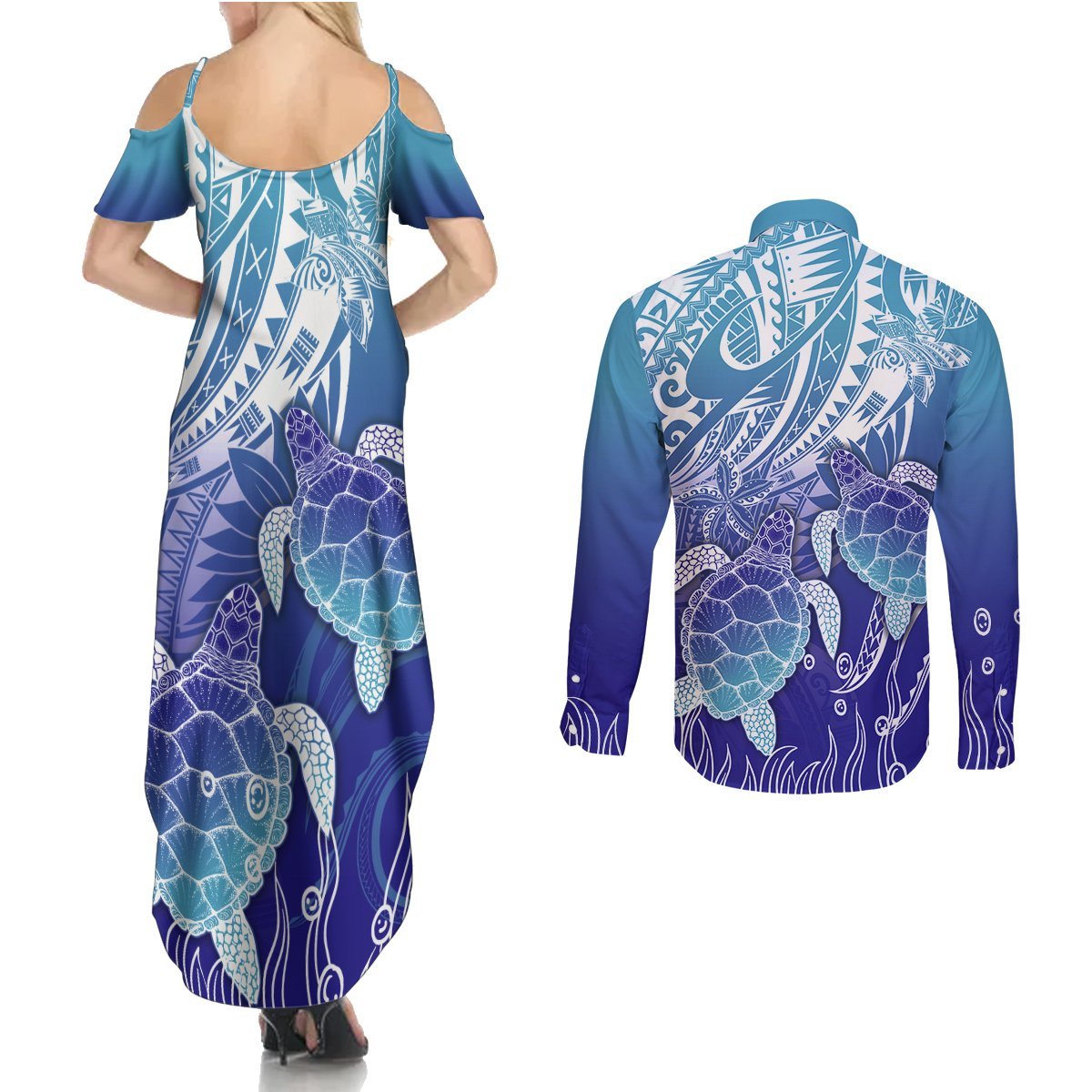 Polynesia Sea Turtle Couples Matching Summer Maxi Dress and Long Sleeve Button Shirt Happy Valentine Day Polynesian - Dark Cyan LT14 - Polynesian Pride