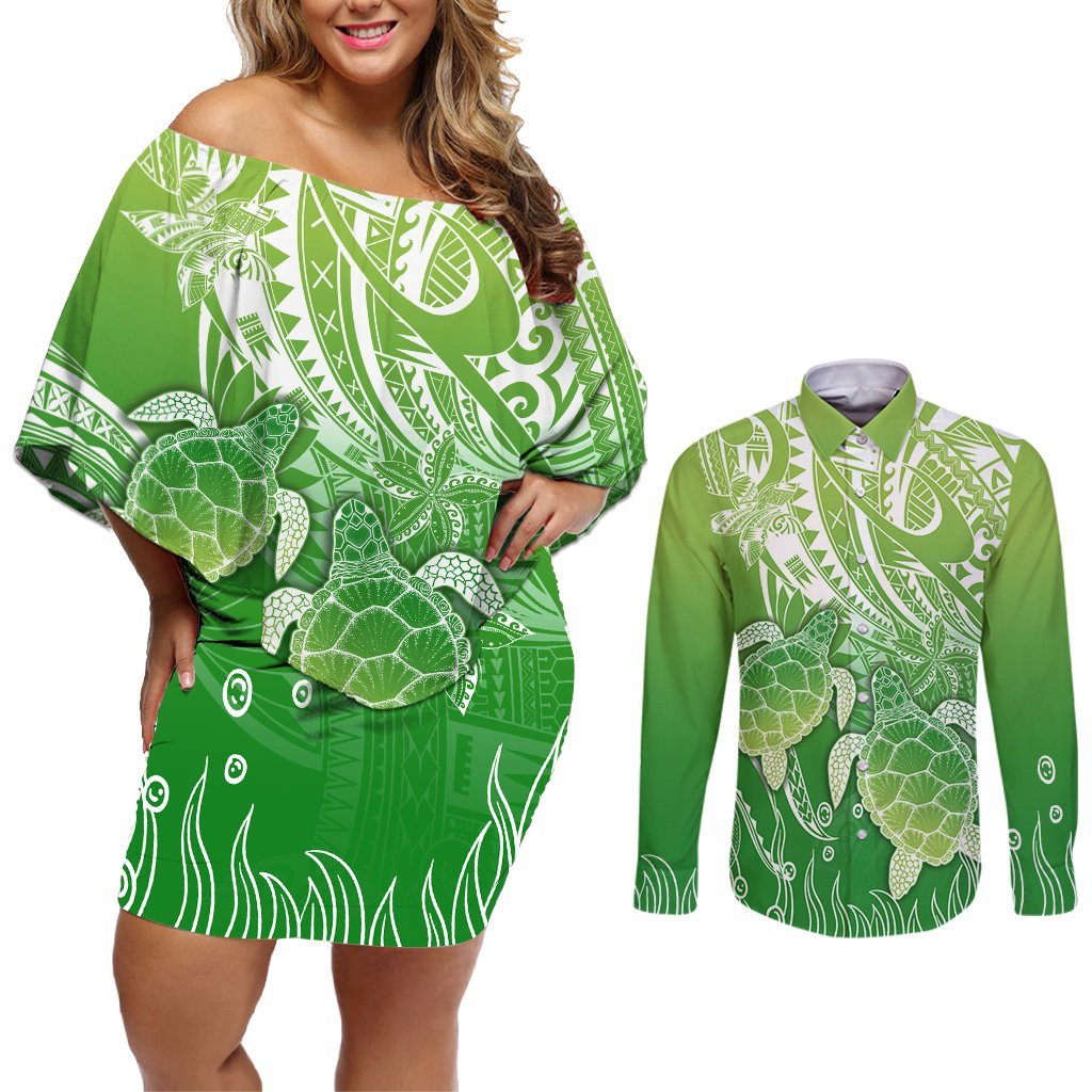 Polynesia Sea Turtle Couples Matching Off Shoulder Short Dress and Long Sleeve Button Shirt Happy Valentine Day Polynesian - Green LT14 Green - Polynesian Pride