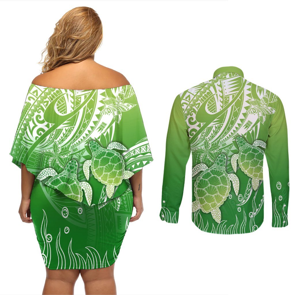 Polynesia Sea Turtle Couples Matching Off Shoulder Short Dress and Long Sleeve Button Shirt Happy Valentine Day Polynesian - Green LT14 - Polynesian Pride