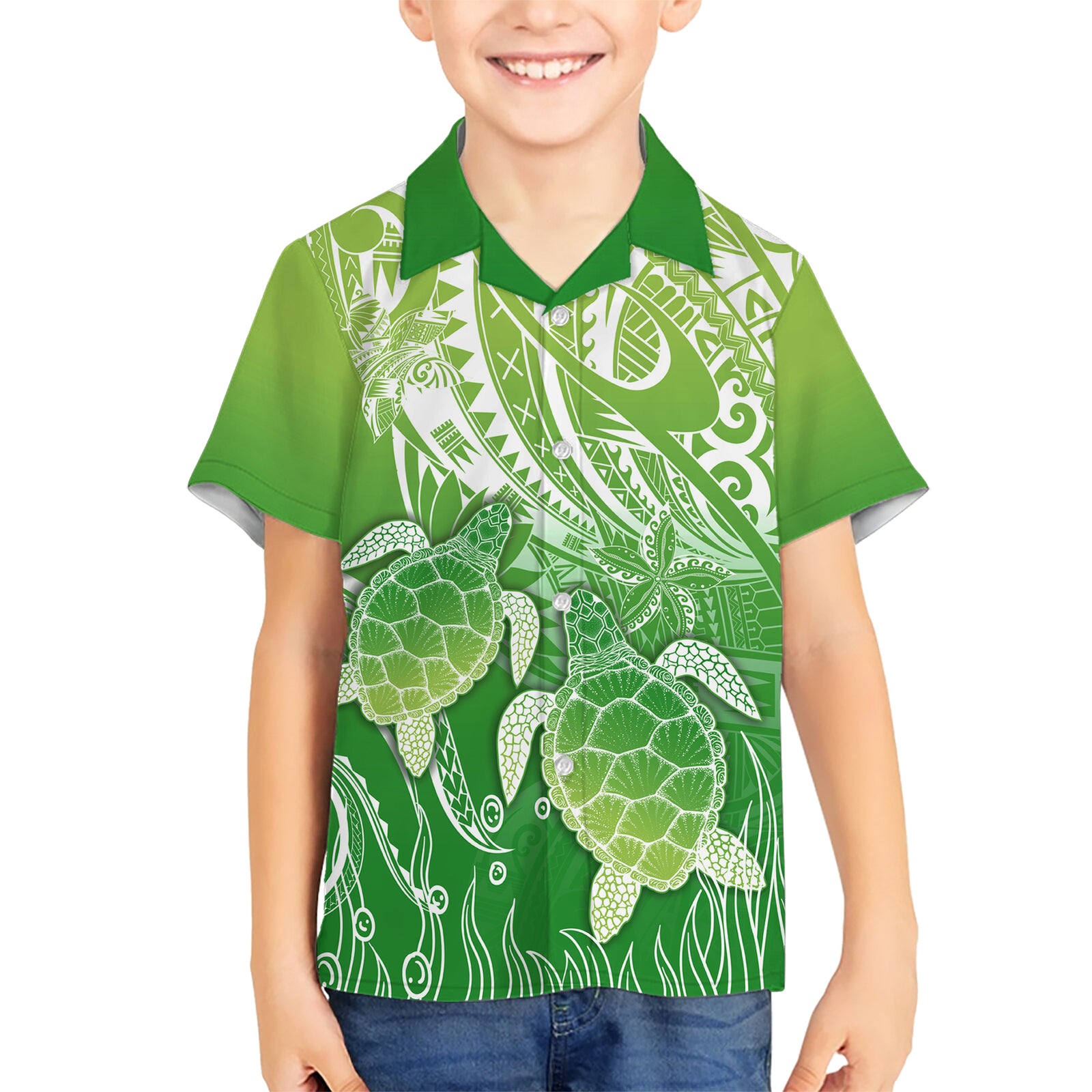 Polynesia Sea Turtle Kid Hawaiian Shirt Happy Valentine Day Polynesian - Green LT14 Kid Green - Polynesian Pride