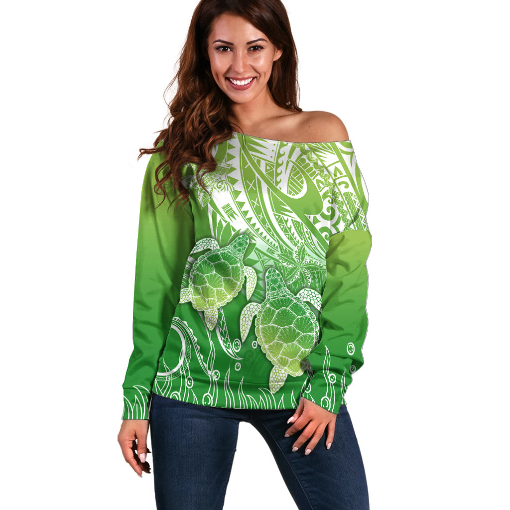 Polynesia Sea Turtle Off Shoulder Sweater Happy Valentine Day Polynesian - Green LT14 Women Green - Polynesian Pride