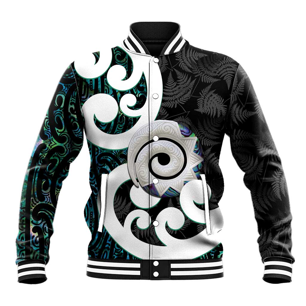 Aotearoa Koru Baseball Jacket Cyan Maori Paua Shell Mix Silver Fern LT14 Unisex Black - Polynesian Pride